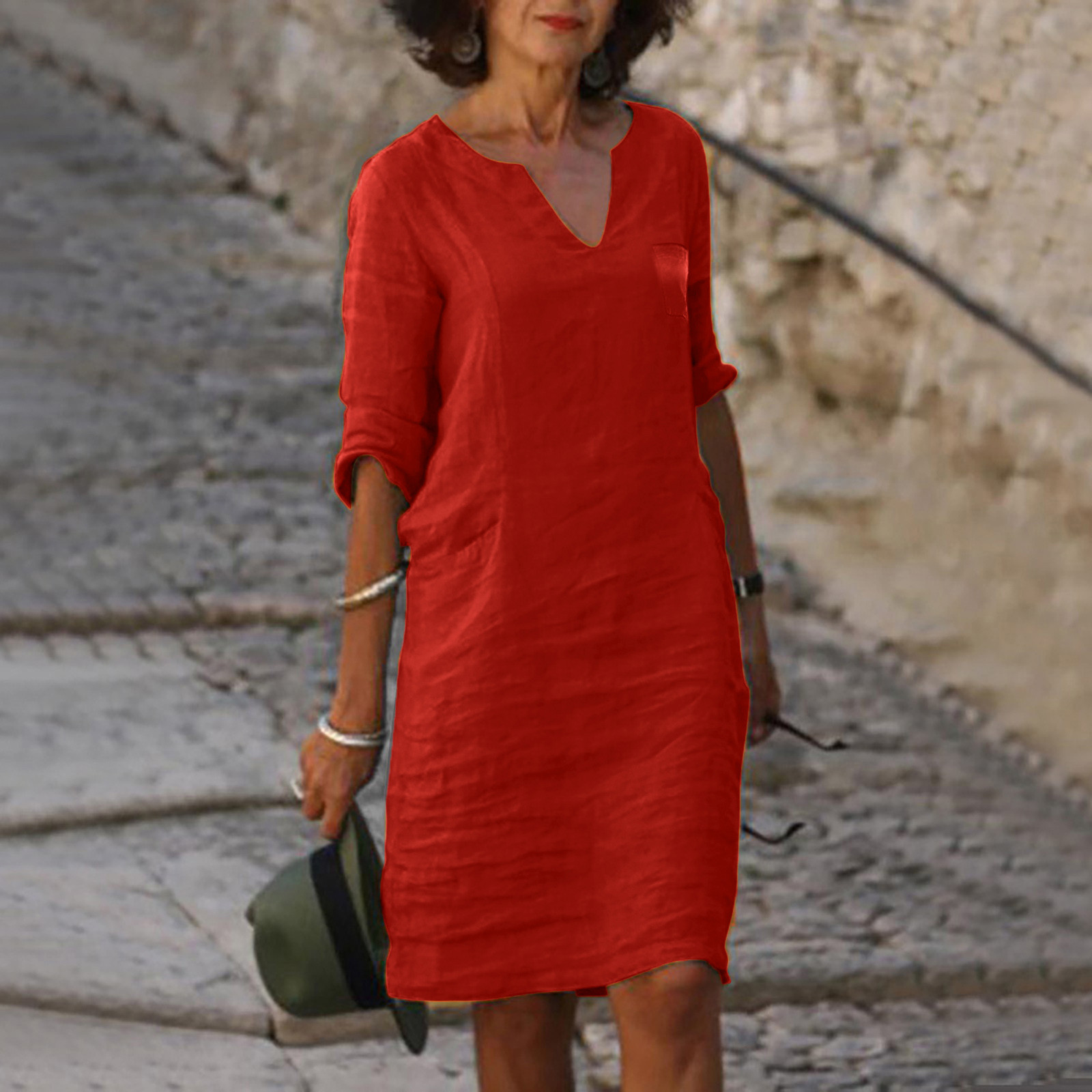 thumbnail image 2 of Vestido mini de algodón y lino con cuello en V para mujer - Manga corta, diseño informal/moda, verano/otoño, corte holgado, lavado a mano, disponible en tallas S-XXL, 2 of 4